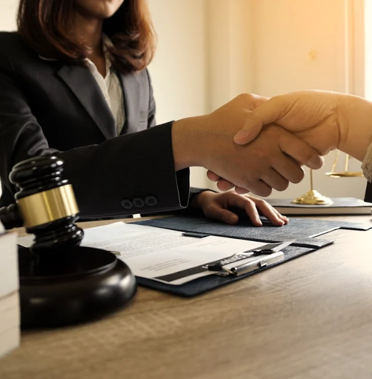 A lawyer is sitting at a table and handshaking to a client